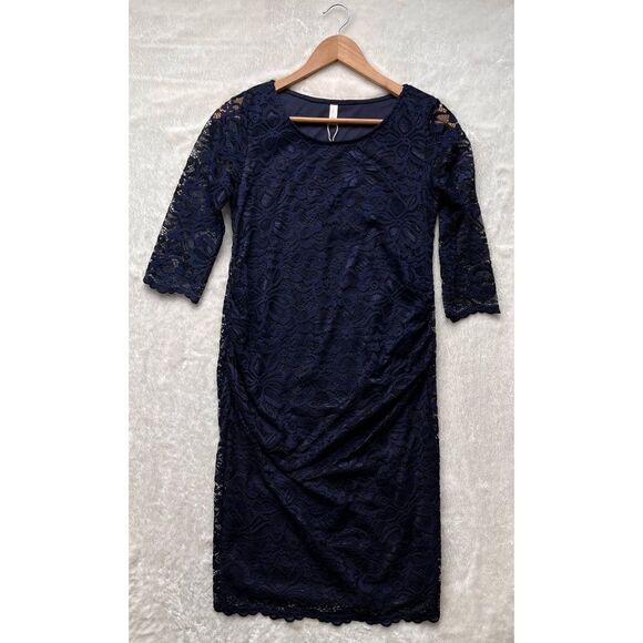 NWT PINKBLUSH Navy Lace Fitted 3/4 Sleeve Maternity Dress, Size Small - Picture 7 of 14